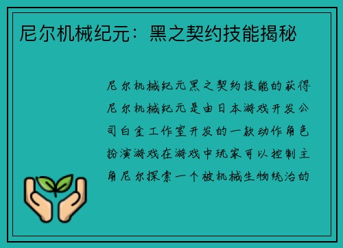 尼尔机械纪元：黑之契约技能揭秘