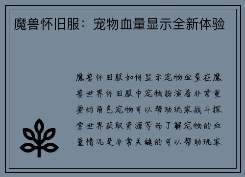 魔兽怀旧服：宠物血量显示全新体验
